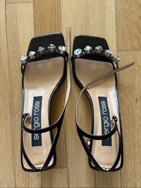 Sergio Rossi Black Leather Sandals with Crystal Accent